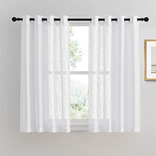 PONY DANCE Vorhang Leinenoptik Kurze Gardinen mit Ösen 2er Set H 145 x B 140 cm Vorhänge Weiss Halbtransparent Küche/Wohnzimmer Gardine für Kleine Fenster, Weiß