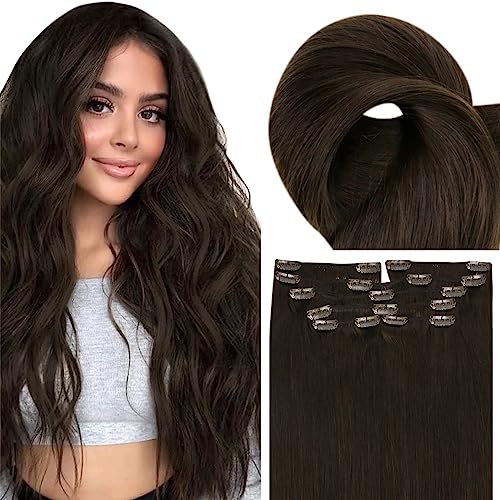 Fshine Echthaar Extensions Clip Dunkelbraun, 60cm 120g 7 Stücke Braun Haarextension Echthaar Clip in Extensions Langes Glattes Haar in der Farbe 2