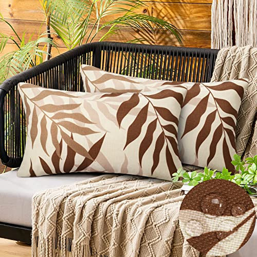 Brauner Kissenbezug Outdoor Wasserdicht Sofakissen Wasserfest Dekokissen Kissenbezüge Braungraue Blätter Dekorativ Kissen Kissenhülle aus Flachs für Garten Sofa Wohnzimmer 2er Set 30x50 cm Kissenbezug