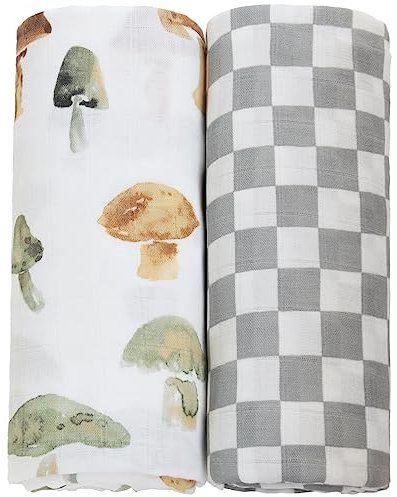 LifeTree Baby Pucktuch 120x120, Musselin Tuch Baby Sommer Baby Decke, Große Baumwolle und Bambus Musselintuch Spucktücher Babydecken für Junge und Mädchen, 2 Stück Pilz & Kariert