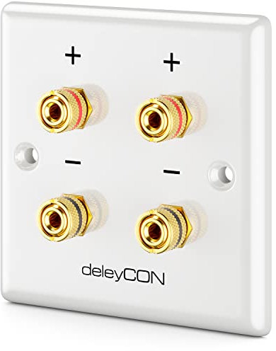 deleyCON Prise Murale Multimédia Raccordement Haut-Parleurs Enceintes Plaque Murale avec Prises Banane pour 2 Haut-Parleur (Rouge/Noir) - Hifi Surround Sound System Home Cinéma