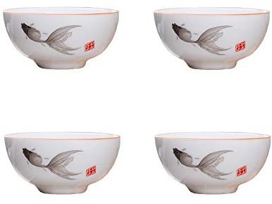 Liang baobao Set di 4 tazze da degustazione del tè cinese, in porcellana bianca, da 56,7 g, per cerimonia del tè Gongfu, motivo pesce