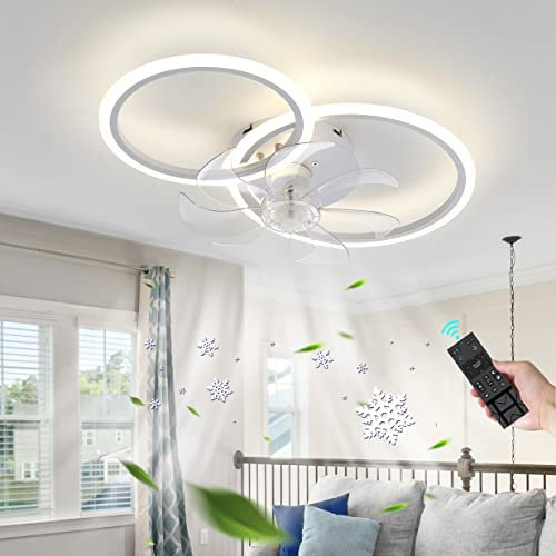YUNZI 2 Cerchi Design Ventilatore da Soffitto con Luce E Telecomando Silenzioso Motore DC LED Dimmerabile Lampadari Ventola 6 velocità per Camera da Letto Soggiorno Plafoniera con Ventilatore-White
