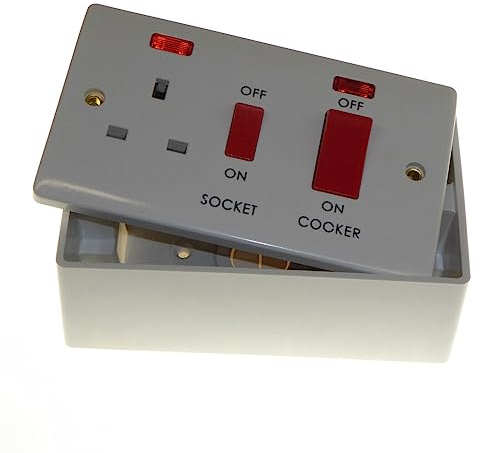 45Amp Double Pole Cooker Control Unit With Switch Socket and Neon White With 47MM BACK BOX