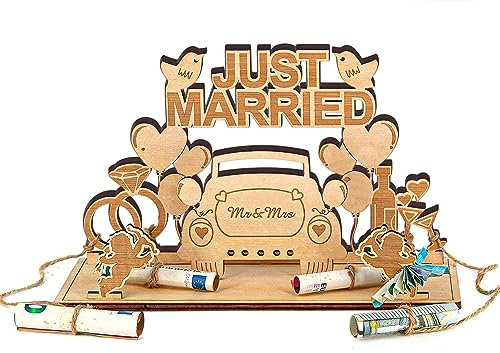 Giftota - Originelle Geschenke Hochzeit - Geldgeschenk Hochzeit - Hochzeit Deko - Gästebuch aus Holz - Geburtstag Geschenke für Frauen, Männer, Brautpaar - „ JUST Married“