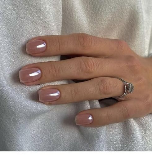 Unghie Finte Corte MouyouGlow,Squadrata Rosa Smalto Tinta Unita Press on Nails con Colla,Nude Pink Solid Glaze Acryl Fake Nails
