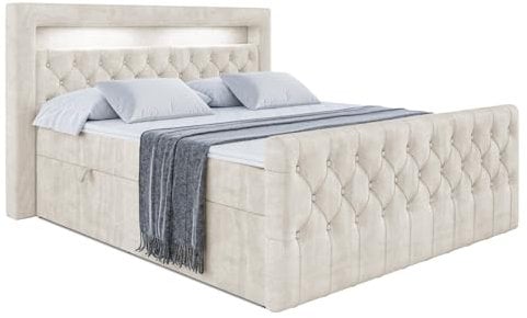 ALTDECOR Boxspringbett mit Matratze und Lattenrost, LED Boxbett, Topper, Fußteil, Polsterbett mit Bettkasten, Bett mit Stauraum H3-Matratze, Doppelbett, Springboxbett - Aurora - 180x200 Beige Samt