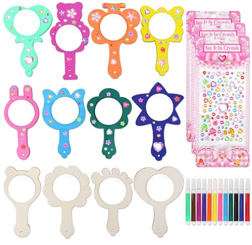 12 Stück Holzspiegel Basteln Bastelset Kinder, Diamond Painting Spiegel Schminkspiegel Mädchen Handspiegel Kindergeburtstag Basteln Holz DIY mit Malpinsel Strass Sticker ab 3 4 5 6 7 8 Jahre