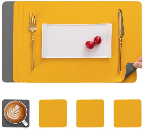 Myir JUN Tovagliette e Sottobicchieri, Tovagliette in Pelle e Sottobicchieri Set Tovagliette Americana Plastica Lavabili Tovagliette Impermeabile Tovagliette (Grigio Giallo, Set di 4)