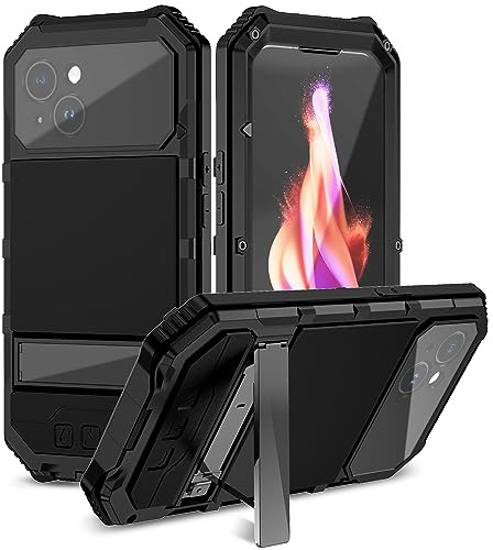 Lunivop for iPhone 15 6.1 inch Metal Heavy Duty Military Case Black | Protection with Built in Lens Screen Protector Rugged Stand 360 Full Body Grade Bumper Phone Cases Men 2023
