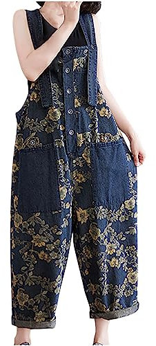 Salopette in denim per le donne spalline larghe tuta lunga da donna casual ampia senza maniche bretelle pagliaccetto jeans pantaloni da donna vintage tuta monopezzo salopette, 4 blu scuro., L