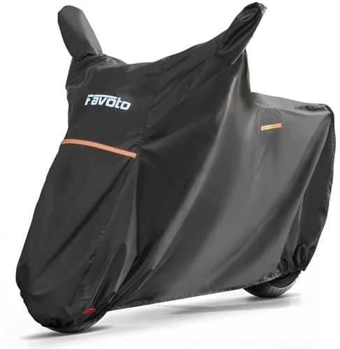 Favoto Funda de Motocicleta Exterior Impermeable - Cubierta de Moto con Espejo retrovisor Orificio de Cierre Antipolvo Protección UV Cortaviento Poliéster Negro XL 220cmx105cmx125cm