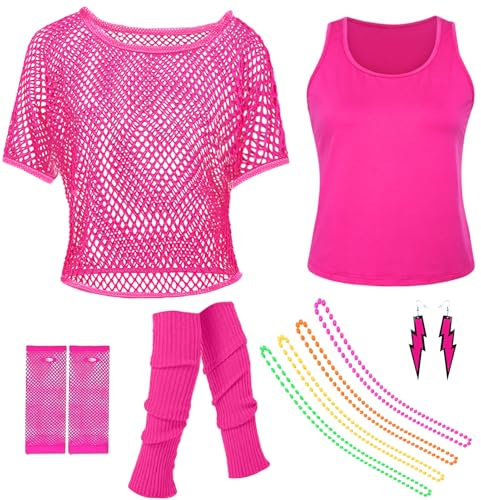 Matreeglam Ensemble haut en maille pour femme des années 80 et 90, chemise en maille fluo, accessoire de costume rétro avec gants en maille, jambières pour fête à thème, carnaval, fête fluo, rose, XL