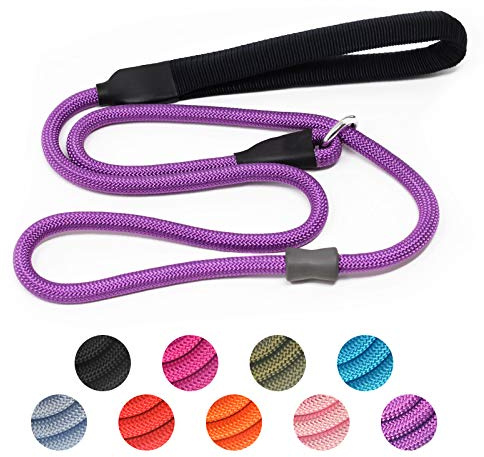 Strong Slip Lead Dog Training Leash - Heavy Duty Nylon, Durable Grey Rope with Rubber Stopper & Padded Handle for Small, Medium, Large Puppies - 1.2m Purple