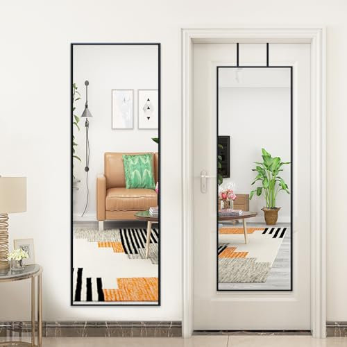 FAANAS Espejo de Puerta con 2 Colgadores de Metal, Espejo de Puerta Negro Espejo de Longitud Completa, Colgado sobre la Puerta o Apoyado/Montado en la Pared, 12X47