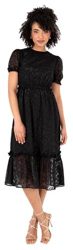 Lovedrobe Women's Ladies Midi Dress Round Neckline Short Puff Sleeve Tiered Hem Ruffle Animal Print A-line Casual Occasion, Black 8