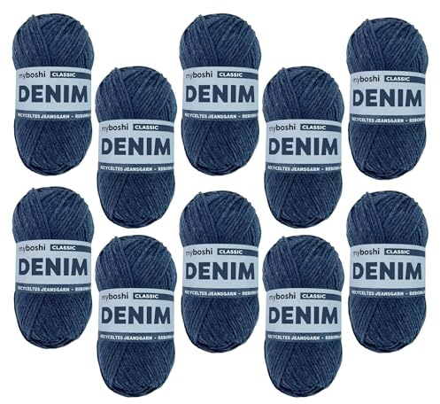 myboshi Denim, veganes Jeansgarn, recycelte Baumwolle zum Häkeln und Stricken, 50% recyceltes Denim, 50% Baumwolle (Bio), 50g, Ll 135m Dunkelblau (Classic), 10 Knäuel