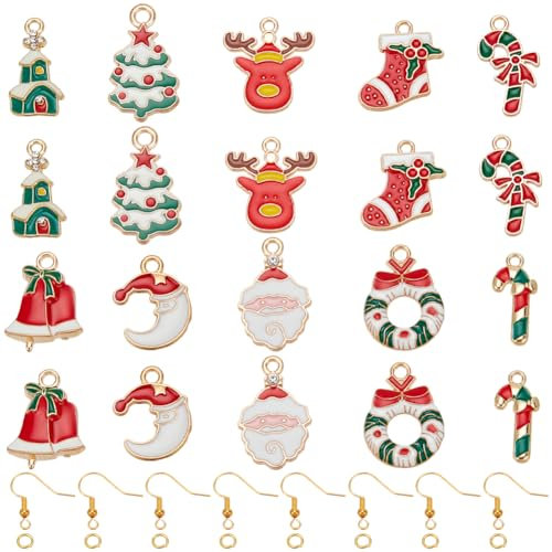 SUNNYCLUE 1 Box 280Pcs Christmas Earrings Kit Christmas Enamel Charms Winter Christmas Tree Charm Santa Claus Reindeer Candy Cane Charm Xmas Charms for jewellery Making Kits DIY Dangle Earrings Gifts
