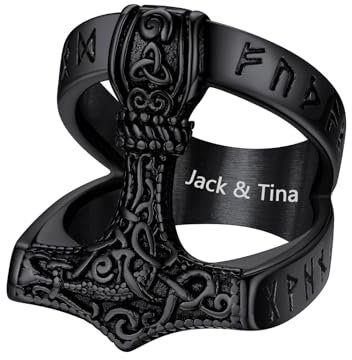 Supcare Herren Ring Edelstahl Thors Hammer Ring mit Gravur Viking Rune Fingerring Punk Schwarz Siegelring mit Keltischer Knot Bandring Mjölnir Statement Ring Gravur Modeschmuck für Jahrestag