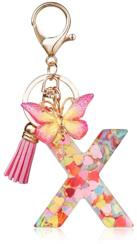 OSDUE Porte-clés pour Fille Lettre,Porte-clés pour Femme avec Lettre Initiale Lettre en Résine avec pendentif papillon et pampille pour Femmes Filles Portefeuilles Sac à Main Charm,X