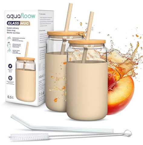 Aquafloow Verre à Boire 2 Pièces 500 ml avec Housse en Silicone et Couvercle en Bambou – 2 Pailles incluses (Silicone & Verre), Résistant aux Températures de -20°C à 150°C