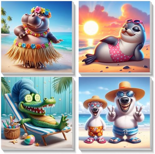 EOBROMD 4 Pack Peinture par Numero pour Adulte Enfant Animaux, Kit de Peinture à l'huile sur Toile Bricolage avec Cadre, Bord de Mer DIY Peinture Acrylique pour Décoration de la Maison 20x20 cm