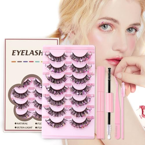 CHSEEO 7 Paires Paillettes Faux Cils avec Colle, 33MM Kit de Faux Cils pour Le Nouvel An, Noël, Halloween, Cosplay, Fête