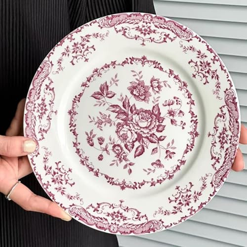 HHFLRAWA Piatti in ceramica, piatti piani in ceramica, piatti decorativi con fiori di rosa, piatti da insalata, piatti da dessert, forno a microonde, lavastoviglie, piatti piani per insalata, pasta,
