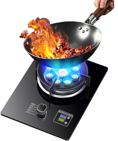 GAROEN Cuisinière à gaz Simple, 5,2 KW, 9 cavités, feu élevé, minuterie de 99 Minutes, Support de Casserole en Fonte de Verre trempé Noir (GPL d'une Couleur)