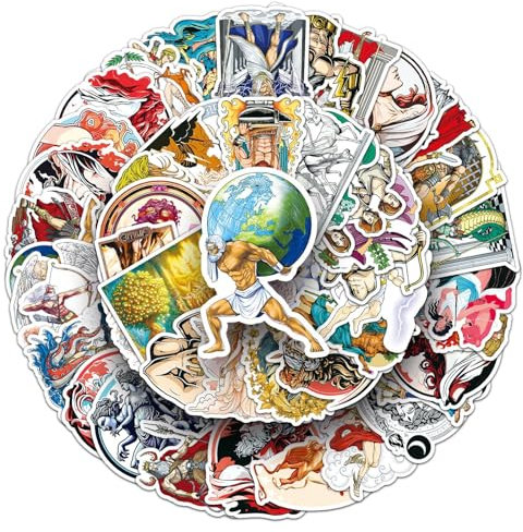 Affoto Ancient Greek Mythology Stickers (50 PCS), Multicolor, Mythology, Classical Style, Die-cut, Cartoon, Round, Waterproof PVC, Smooth Surfaces, Stickers