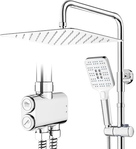 Rainsworth Duschsystem ohne Armatur Chrom - 30 x 30 cm eckig Regendusche und 3 Strahlarten Duschkopf, mit Umsteller aus Messing,Duschsäule Duschset für Dusche