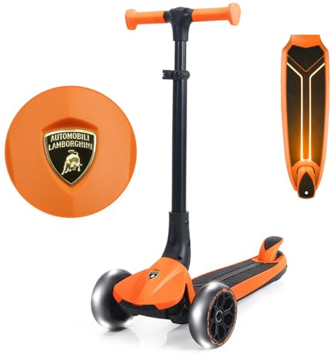 Lamborghini Roller Kinder 3-8 Jahre bis 50kg, Dreirad-Kinderroller mit LED-Rädern &Pedal, Höhenverstellung, Faltbarer Kinderroller ab 3 Jahre, Tretroller Kinderscooter ab Kleinkind Junge Mädchen