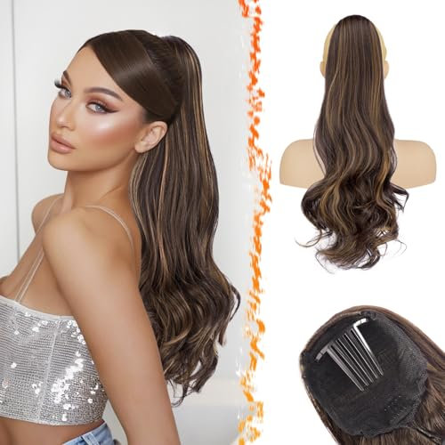 BARSDAR Wellige Pferdeschwanz Haarteil mit Kordelzug, 50cm Comb Clip in Dunkelbraun Ponytail Extension für Frauen Lockige Synthetik Highlight Pferdeschwanz Haarverlängerung Zopf Haarteile