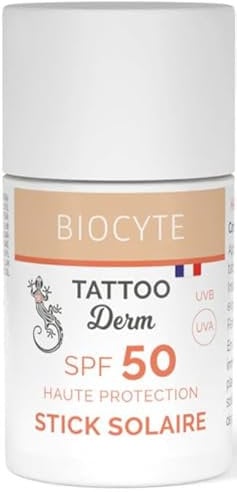 BIOCYTE Tattoo Stick Solaire SPF 50 - Protection Solaire Tatouage Huile De Coco - Tous Types De Peau - Résistant A L'Eau & Fini Invisible, Non Gras - 18g