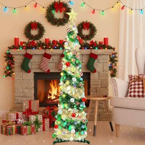 Albero di Natale artificiale da 150 cm, con strisce LED da 5 m, pop-up, albero di Natale artificiale, decorazione natalizia per casa, feste, camino, decorazione di interni