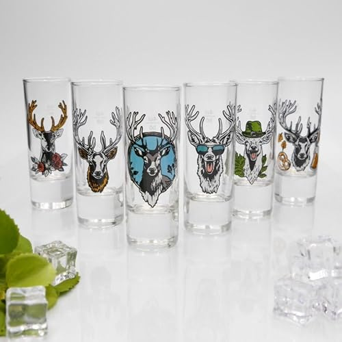 Schnapsgläser Set 6 Stück – Hirschkopf Design – 6,5 cl mit 2cl & 4cl Eichstrich – wählbar sortenrein oder bunt gemischt – Geschenkidee für Party & Freunde, Männer & Frauen, bunt gemischt, GTKv27.30.40