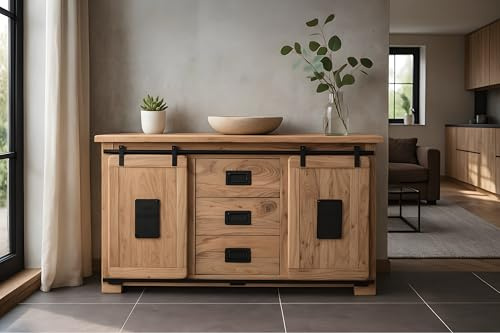 SAM Sideboard Libro V, Akazienholz massiv + naturfarben, Kommode mit 2 Holzschiebetüren, 3 Schubladen & 4 offenen Fächern, Türelemente, Griffe & Reling aus Eisen, 150 x 45 x 80 cm