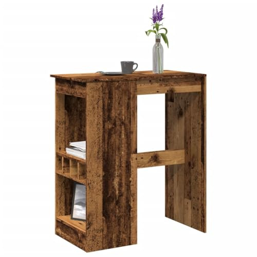 QUAHEAS Table de bar avec étagère aspect bois vieilli 90 x 47,5 x 103,5 cm, 4 porte-bouteilles intégrés, table haute moderne pour cuisine, salle à manger, salon, petit déjeuner et salle à manger