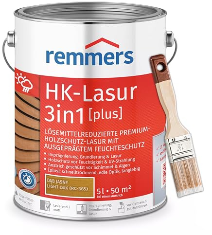 RemmersSet HK-Lasur 3in1 Plus + Pinsel Bandloo Set – Holzlasur für Außenbereich: Imprägnierung, Grundierung & Lasur in einem, Schutz vor Feuchtigkeit & UV-Strahlung, Varnish (Eiche hell, 5 L)