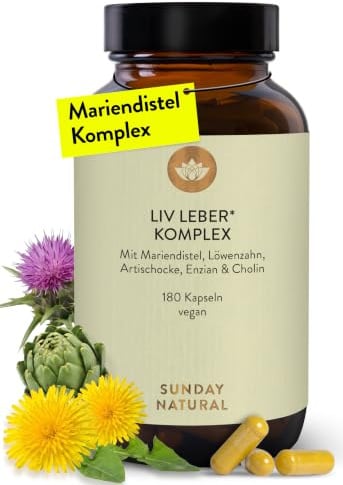 SUNDAY NATURAL® Mariendistel Artischocke Löwenzahn - 180 Cholin Kapseln - Leber Komplex mit 80% Silymarin & 100mg Cholin - Hochdosiert, vegan, laborgeprüft in Deutschland