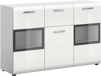 xonox.home – Sideboard Ice 125x81x37 cm in weiß Hochglanz und weiß – Modernes Möbelstück mit Stauraum – stilvoll, geradlinig & vielseitig kombinierbar