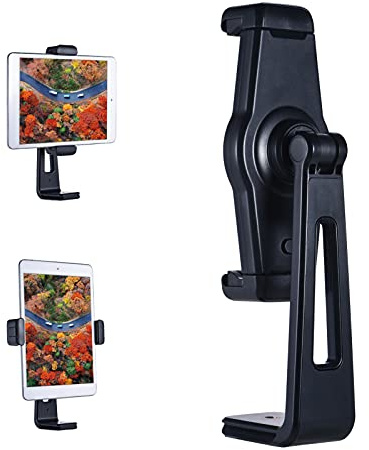 Adaptador universal para trípode de tableta, soporte de abrazadera ajustable con agujero de tornillo de 1 4 pulgadas, doble zapata fría giratoria de 360 grados, almohadillas de goma suave para iPad