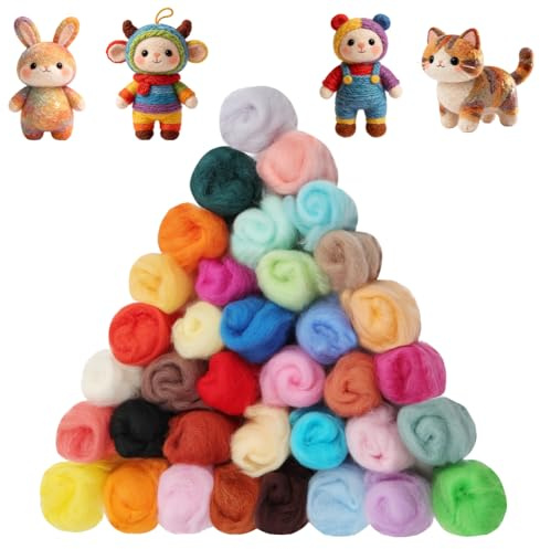 Ainiv 36 Farben Nadelfilz Set, 36 Farben je 3 Gramm Märchenwolle, Filzen Basic Kit für Starter, Filzwolle Trockenfilzen für Heimwerker, Handspinnen und DIY-Kreationen (Farbenfrohe Serie)