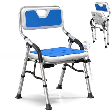 Foldable Shower Chair for Elderly & Disabled, Adjustable Height Bath Seat with Arms & Backrest, Lightweight Aluminium Frame with Anti-Slip Pads & Cushion, 150 Kg Capacity