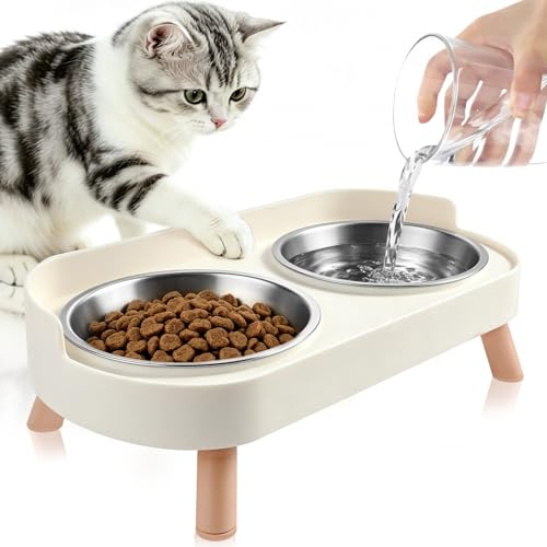 Raised Cat Food Bowls, 2 Stainless Steel Cat Bowl with Splash Proof Design | Cat Bowls for Cats and Puppies, Whisker Fatigue Relief and Dishwasher Safe, Feeding & Watering Supplies for Cats