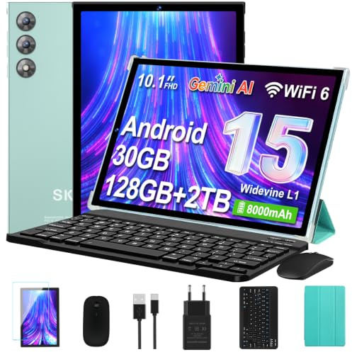 Tablet 10 Zoll mit Tastatur und Maus, Android 15 mit Gemini AI, Blaugrün | 30GB RAM + 128GB ROM (2TB), WLAN 6, Widevine L1, 8000mAh Akku, Metallgehäuse