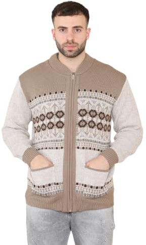 Mens Classic Style Cardigan Argyle Diamond Pattern ButtonCasual Design Zip Up Thick Knit Warm Winter Grandad Sweater Knitted V Neck Zipper Cardi Long Sleeve Knitwear Vintage Jumper(Beige Zip,S)