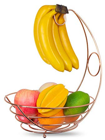 Kitchen Stars Fruit Basket Bowl with Banana Hanger Hook - Premium Quality Stainless Steel with a Copper Finish