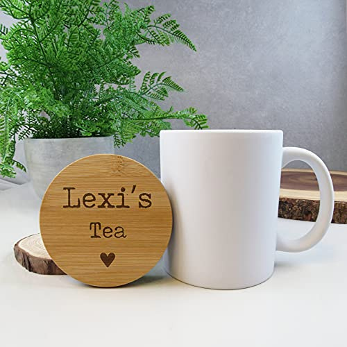 eBuyGB Personalised Tea Lover Mug with Engraved Wooden Lid, 370 ml Ceramic Matt Finish White Tea Cup, Hot Drinks, Birthday Gifts for Him, Her