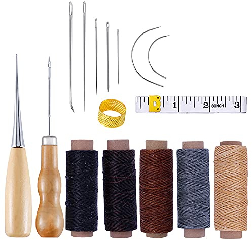 ANCLLO Ledergarn, gewachst, 1 mm, Handnähnadel-Set mit 300 Meter Nähgarn, gewachst, Schnur, Bohrahle, Fingerhut, Lederhandwerk, Handwerkzeug-Set für Polstermöbel, Teppich, Leinwand, DIY Nähen